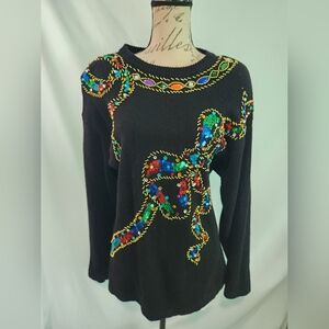 Vintage Victoria Harbour Black W Sequin Jeweled Large Bow Sweater. Size Large.